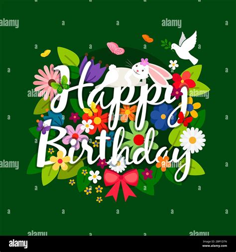 Happy birthday card with flowers bouquet and bird on bright green ...