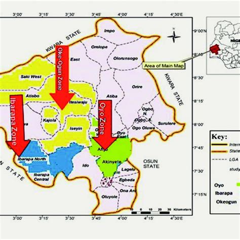 Map of Oyo state showing Ibarapa, Oyo and Oke-Ogun zone. | Download ...