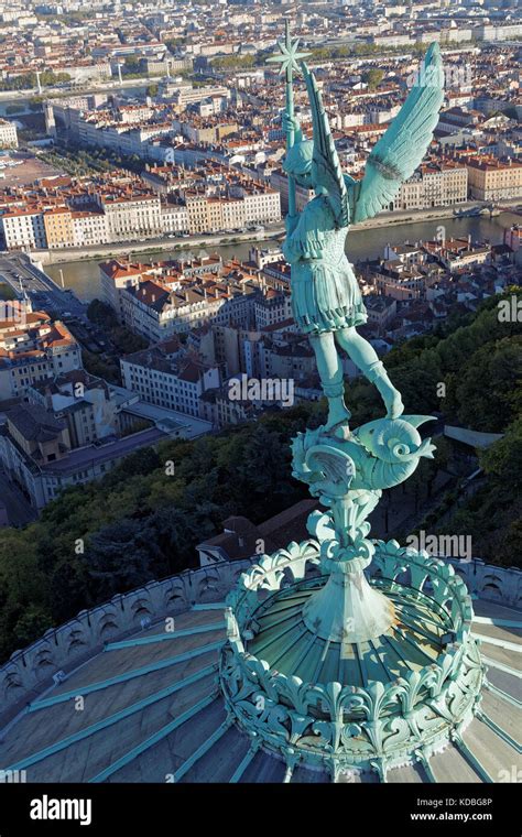 LYON, FRANCE, October 11, 2017 : Angel Gabriel Statue on the top of the ...