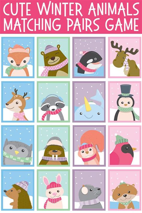 Winter Animal Matching Pairs Game. Free Printable Memory Cards. | Matching pairs game, Winter ...