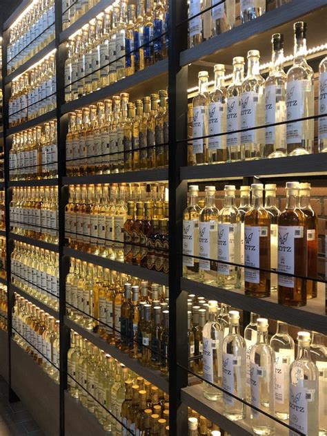 bottles of alcohol are lined up on shelves