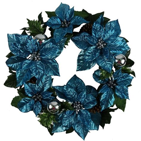 Holiday Time Christmas Decor 18" Blue Poinsettia Wreath - Walmart.com