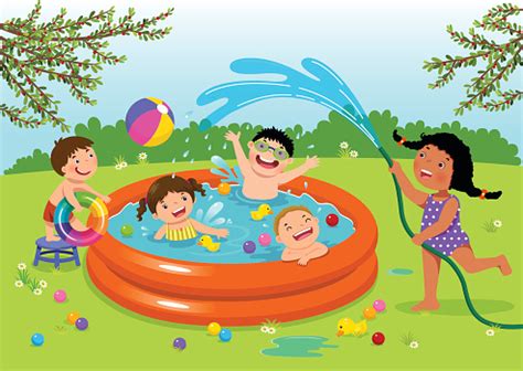 Joyful Kids Playing In Inflatable Pool In The Backyard Stock Illustration - Download Image Now ...