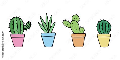 Cute cacti set, cactus in little plant pots, vector illustration doodle ...