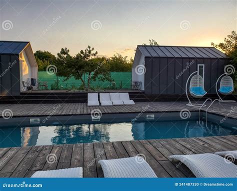 Camping in the Glamping by the Pool in the Evening at Sunset, without People Stock Photo - Image ...