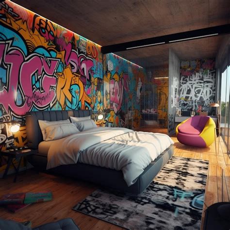 Premium AI Image | Graffiti wall in a bedroom with a bed and a chair ...