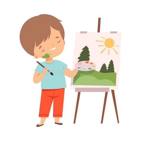 Cute Boy Painting Picture on Easel, Kids Hobby or Creative Activity ...