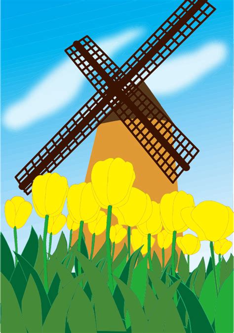 Tulips And Windmill Scene - Openclipart