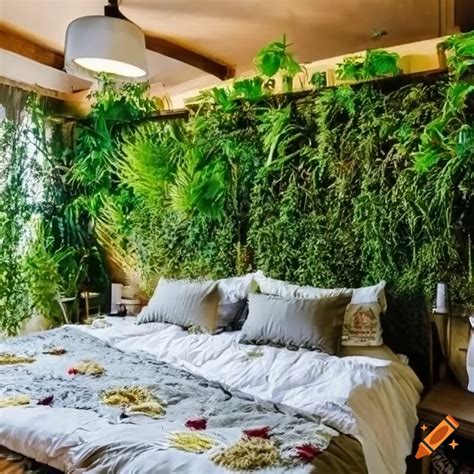 Image of a cozy bedroom infused with nature elements on Craiyon