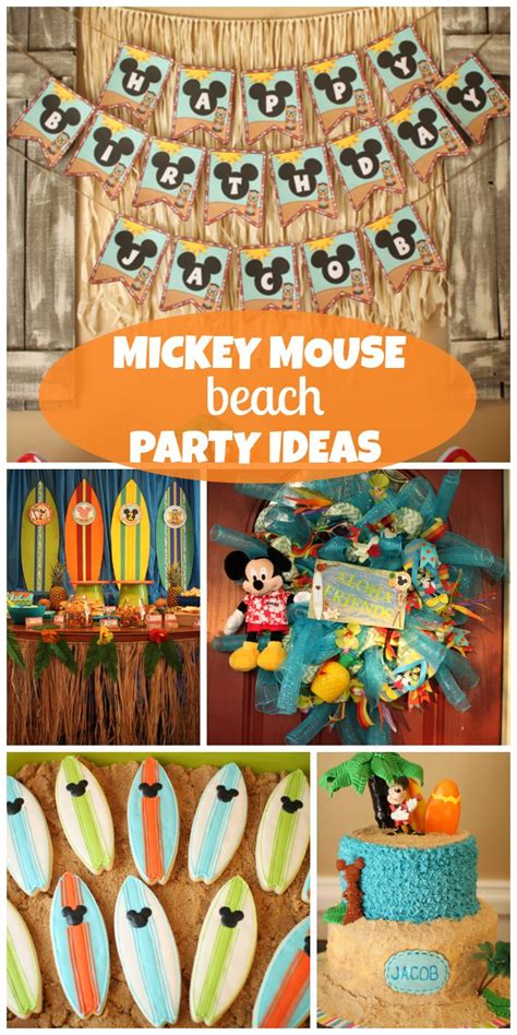 mickey mouse beach party with surfboard decorations and desserts on the ...