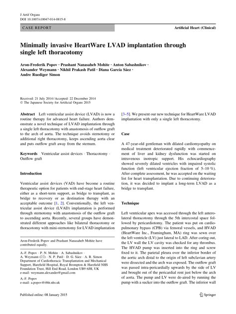 (PDF) Minimally invasive HeartWare LVAD implantation through single left thoracotomy