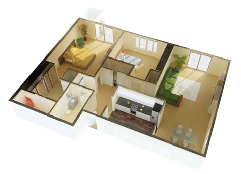 50 Plans 3D d'appartement avec 2 chambres