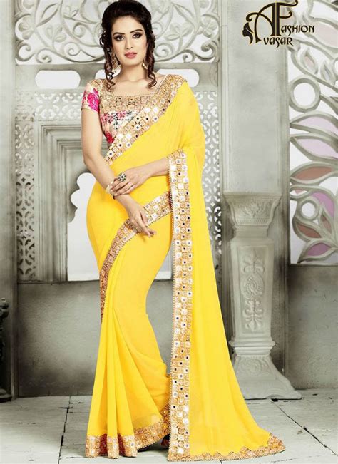 Yellow Georgette Gujarati Mirror Work Sarees Party Wear | Saree designs, Georgette saree party ...