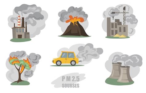 Free Vector | Toxic smokes set. Fumes from factory pipes, volcano, car in city, outdoor fog from ...