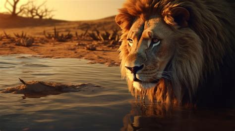 Premium AI Image | Lion drinking water slow motion animal picture Ai ...