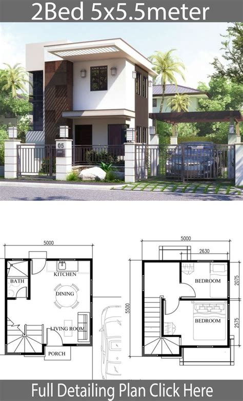 Small Home Design Plan 5x5.5m with 2 Bedrooms - Home Ideas | Small house design plans, Modern ...