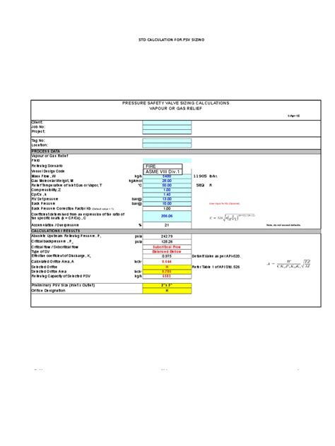 Pressure Safety Valve Sizing Calculation