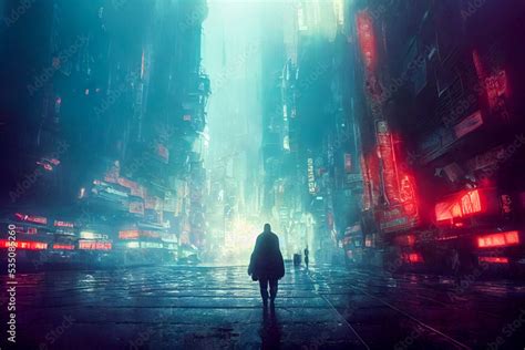 Cyberpunk facing a dystopian city. Digital illustration sci fi ...