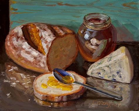 an oil painting of bread and butter on a table with a jar of honey next to it