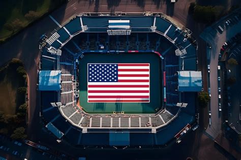 Premium AI Image | Large usa flag located on sport stadium surface ...