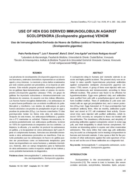 (PDF) Use of Hen Egg Derived Immunoglobulin Against Scolopendra ...