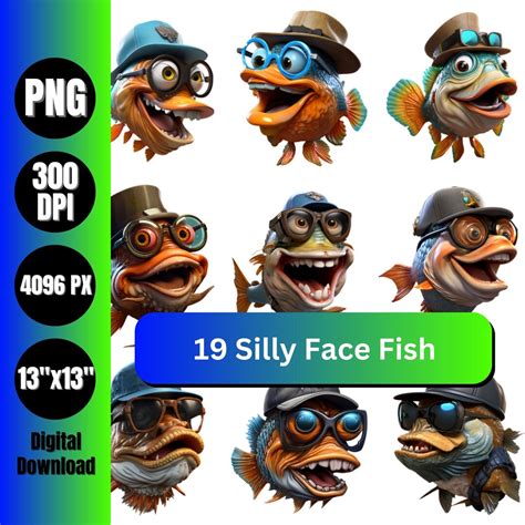 19 Fish Silly Faces Expressive Funny Fish With Hat and Sunglasses Fish ...