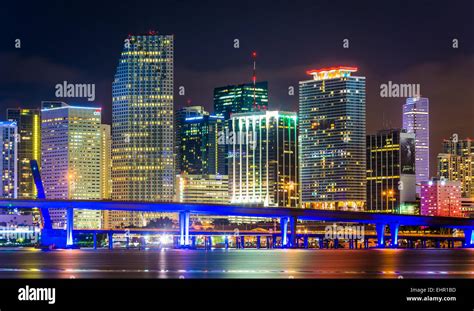 The Miami Skyline at night, seen from Watson Island, Miami, Florida ...