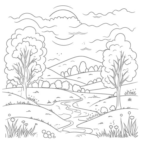 Landscape Coloring Page With A Stream Running Through It Outline Sketch Drawing Vector ...