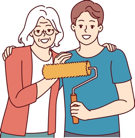 Grandmother hugging grandson doing repairs and using roller to paint walls in apartment 27518920 PNG