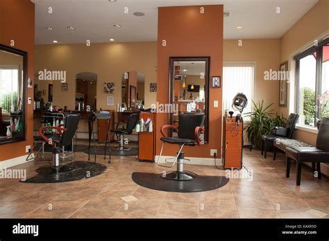 Interior of a small neat unisex hair salon in the small city of ...