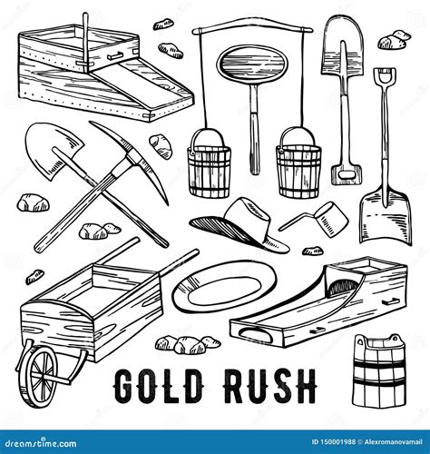 California Gold Rush Vector Hand Drawn Vintage Outline Graphic Set. Historical Gold Mining Tools ...