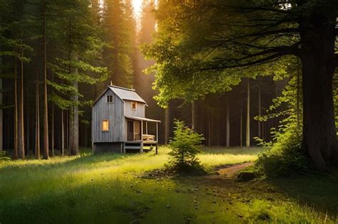 Premium Photo | A cabin in the woods with a light on the window