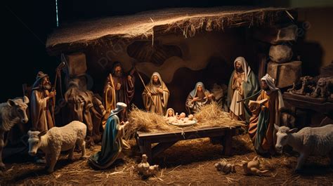Christmas Scene With Jesus And His Family In A Nativity Scene Background, Picture Of Manger ...