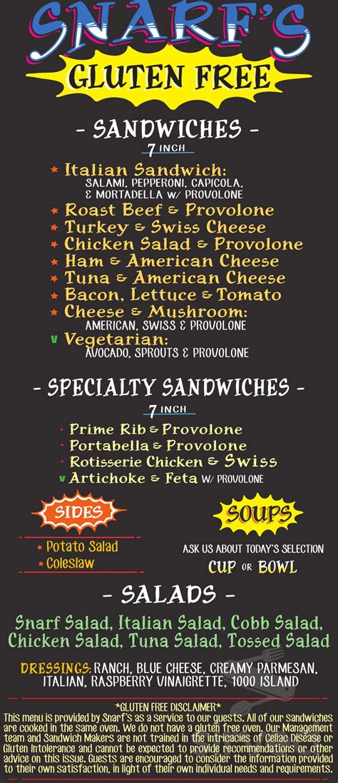 Snarf's Sandwiches menu in Denver, Colorado, USA