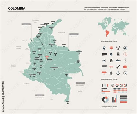 Vector map of Colombia. High detailed country map with division, cities ...