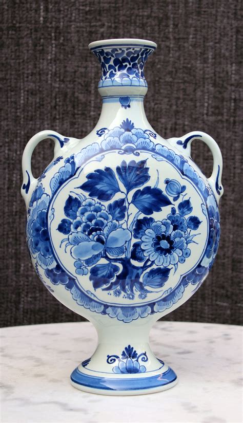 Vintage Royal Delft DE PORCELEYNE FLES Handled Vase Hand Painted Blue and White Floral Decor ...