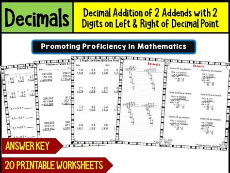 Decimal Addition of 2 Addends with 2 Digits on Left & Right of Decimal Point Worksheets Math ...