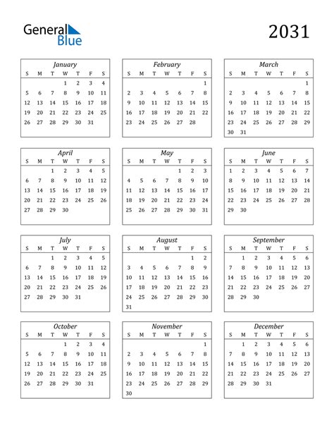 2031 Calendar (PDF, Word, Excel)