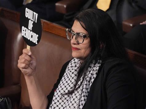 Rashida Tlaib Holds Up 'War Criminal' Sign During Netanyahu Speech