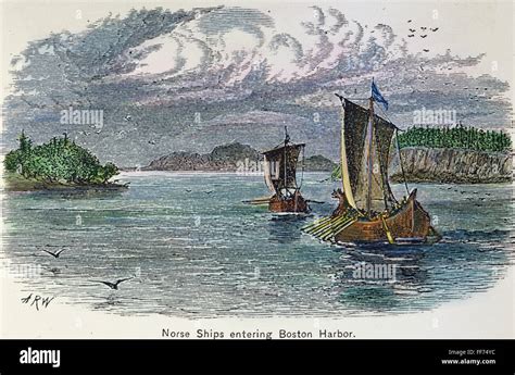 VIKINGS: NORTH AMERICA. /nNorse ships entering Boston Harbor. Wood ...