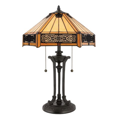 Tiffany Table Lamp, Bronze Base with Fretwork Border to Amber Shade