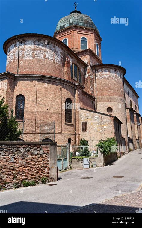 Tower and dome of the medieval Basilica di Santa Maria delle Grazie in the city of Este, Italy ...