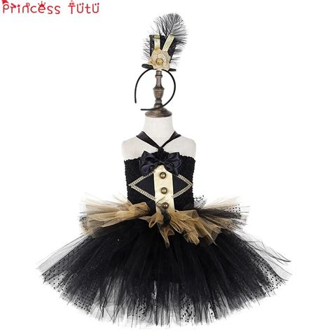 Circus Lion Tamer Ringmaster Costume Black&Glod Girl Birthday Party Outfits Double Layer Lace ...