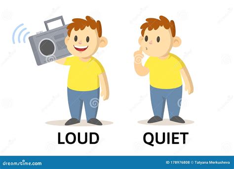 Words Quiet and Loud Flashcard with Cartoon Characters. Opposite Adjectives Explanation Card ...