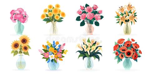 Set of Isolated Bouquets in Vases with Flowers. Stock Illustration - Illustration of composition ...