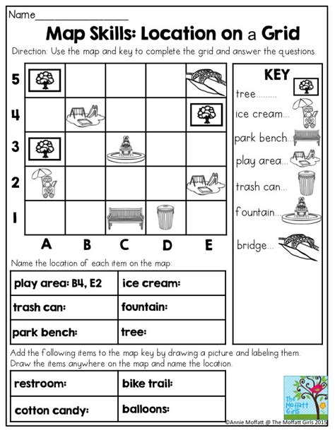 Map Skills: Location on a Grid- Use the map and key to complete the grid and answer the ...