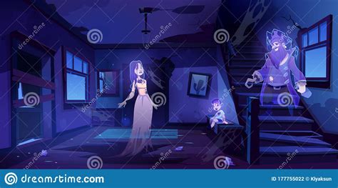 Abandoned House Hall with Ghosts Walk in Darkness Stock Vector ...