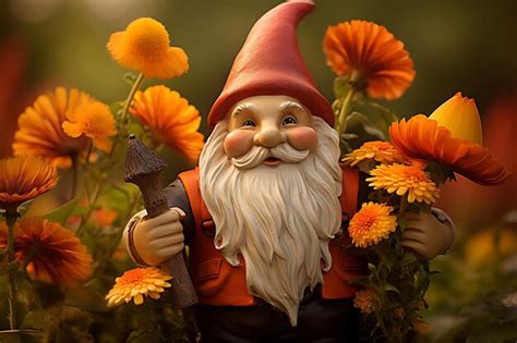 Premium Photo | Photo of Whimsical garden gnome in a flower bed Flower ...