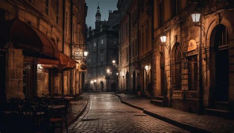 Illuminated city street showcases old, gothic building exteriors at twilight generated by AI ...