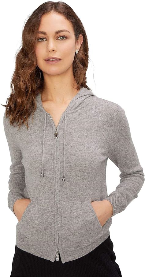 State Cashmere Women's 2-Way Zips Zip Up Hoodie Front Pocket 100% Pure Cashmere Long Sleeve ...